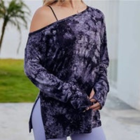 WOMENS PURPLE TIE-DYE PRINT OFF-THE-SHOULDER LONG SLEEVE TOP - Size: S/M, L/XL - Picture 9 of 9